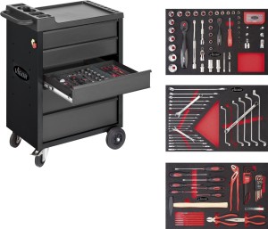 Vigor Werkstattwagen 500 Black Edition" mit 5 Schubladen und mit 160 Werkzeugen in 2K-Weichschaum-Einlagen